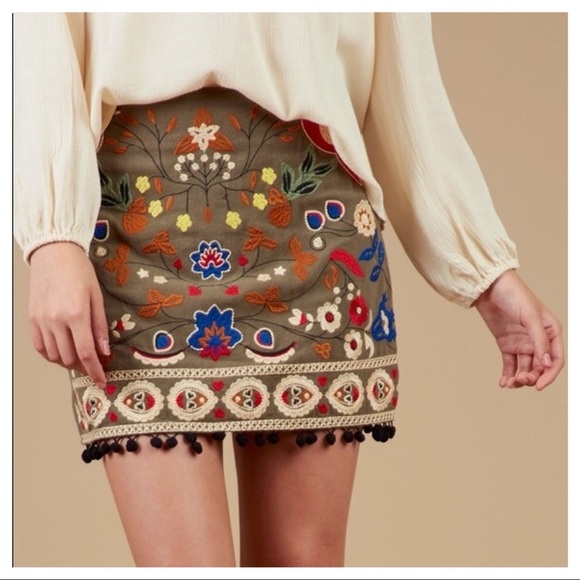 Altar'd State Dresses & Skirts - Embroidered Birds Pom-Pom Tassel Skirt by Altar’d State